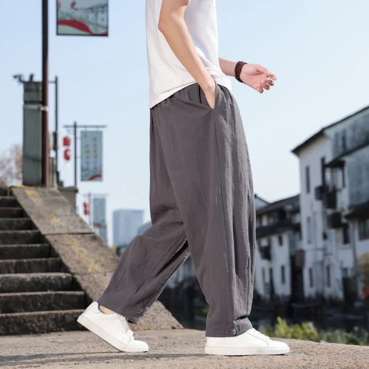 Buddha Stones Pantalon long uni style rétro décontracté printemps automne-été, coupe droite, avec poches - image 5