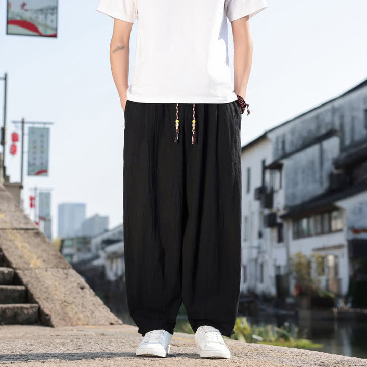 Buddha Stones Pantalon long uni style rétro décontracté printemps automne-été, coupe droite, avec poches - Noir - US/UK/AU46，EU56 (5XL) - image 11