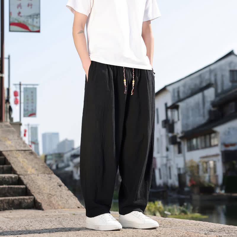Buddha Stones Pantalon long uni style rétro décontracté printemps automne-été, coupe droite, avec poches - image 12