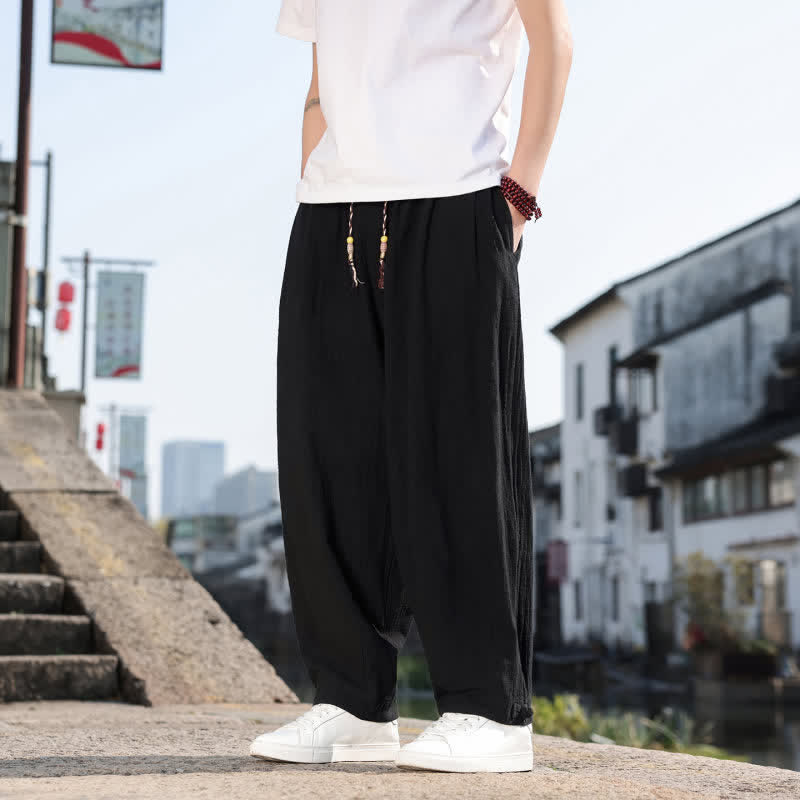 Buddha Stones Pantalon long uni style rétro décontracté printemps automne-été, coupe droite, avec poches - image 13