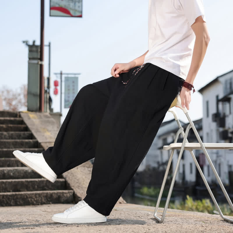 Buddha Stones Pantalon long uni style rétro décontracté printemps automne-été, coupe droite, avec poches - image 18