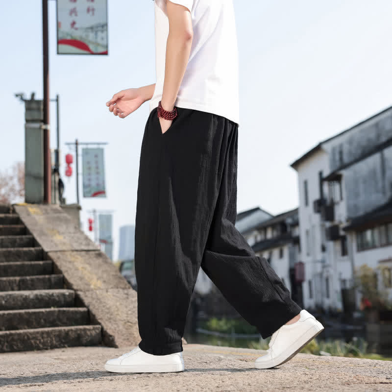 Buddha Stones Pantalon long uni style rétro décontracté printemps automne-été, coupe droite, avec poches - image 17