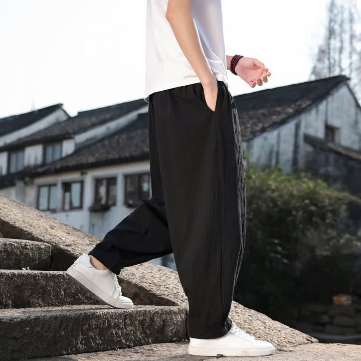 Buddha Stones Pantalon long uni style rétro décontracté printemps automne-été, coupe droite, avec poches - image 14