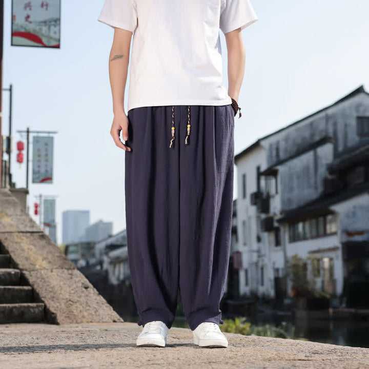 Buddha Stones Pantalon long uni style rétro décontracté printemps automne-été, coupe droite, avec poches - Marine - US/UK/AU46，EU56 (5XL) - image 19