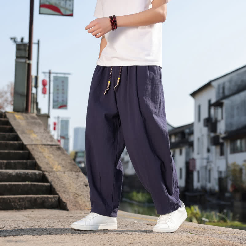 Buddha Stones Pantalon long uni style rétro décontracté printemps automne-été, coupe droite, avec poches - image 24