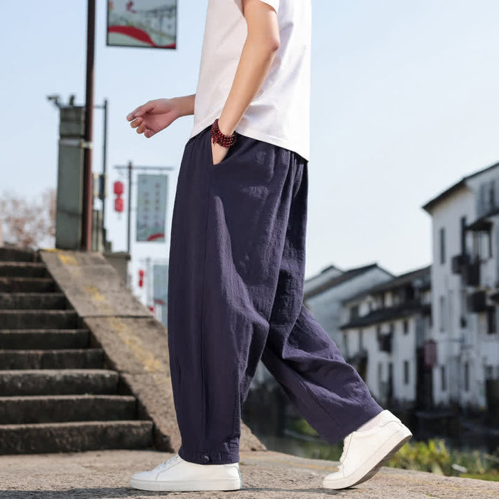 Buddha Stones Pantalon long uni style rétro décontracté printemps automne-été, coupe droite, avec poches - image 25
