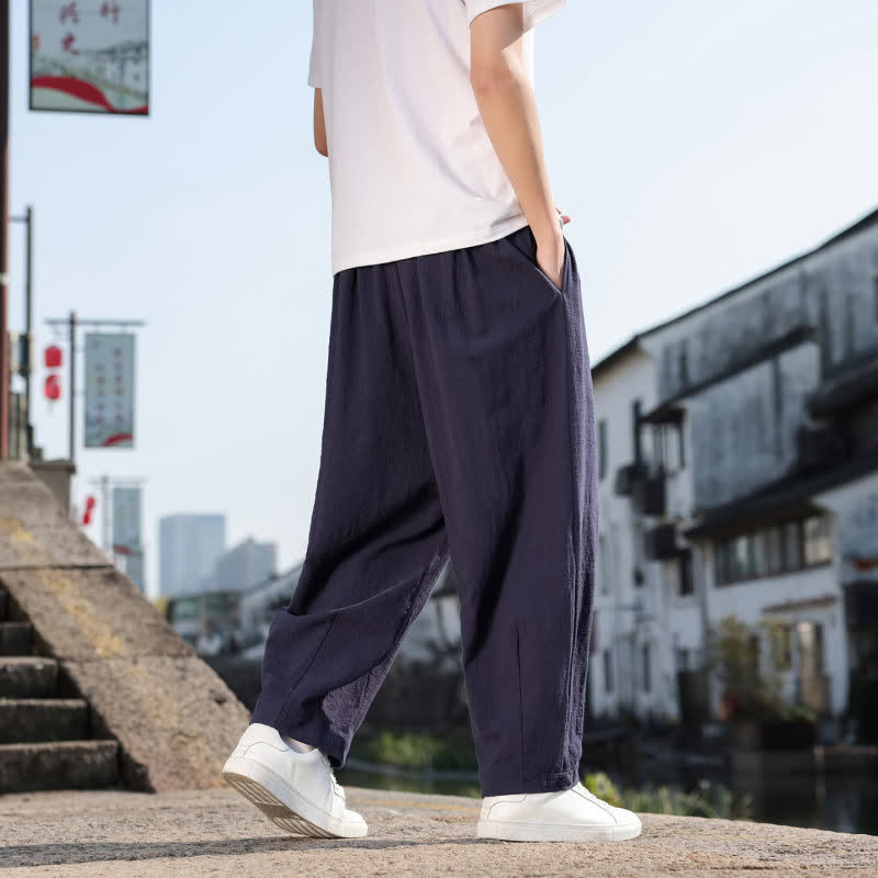 Buddha Stones Pantalon long uni style rétro décontracté printemps automne-été, coupe droite, avec poches - image 23