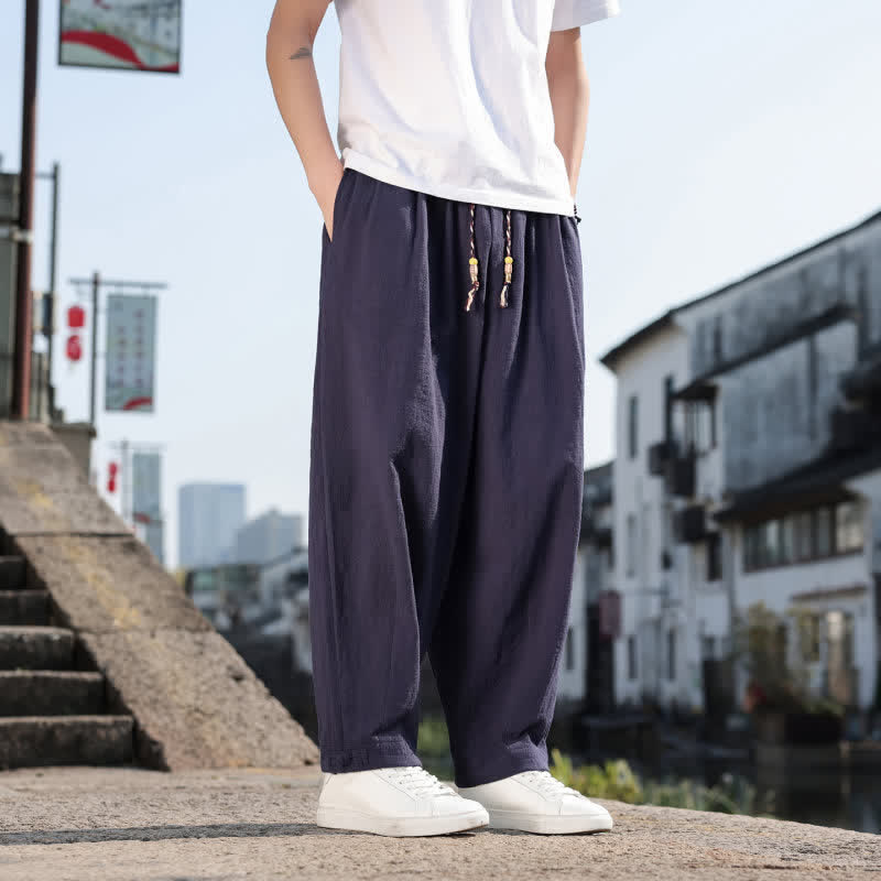 Buddha Stones Pantalon long uni style rétro décontracté printemps automne-été, coupe droite, avec poches - image 20