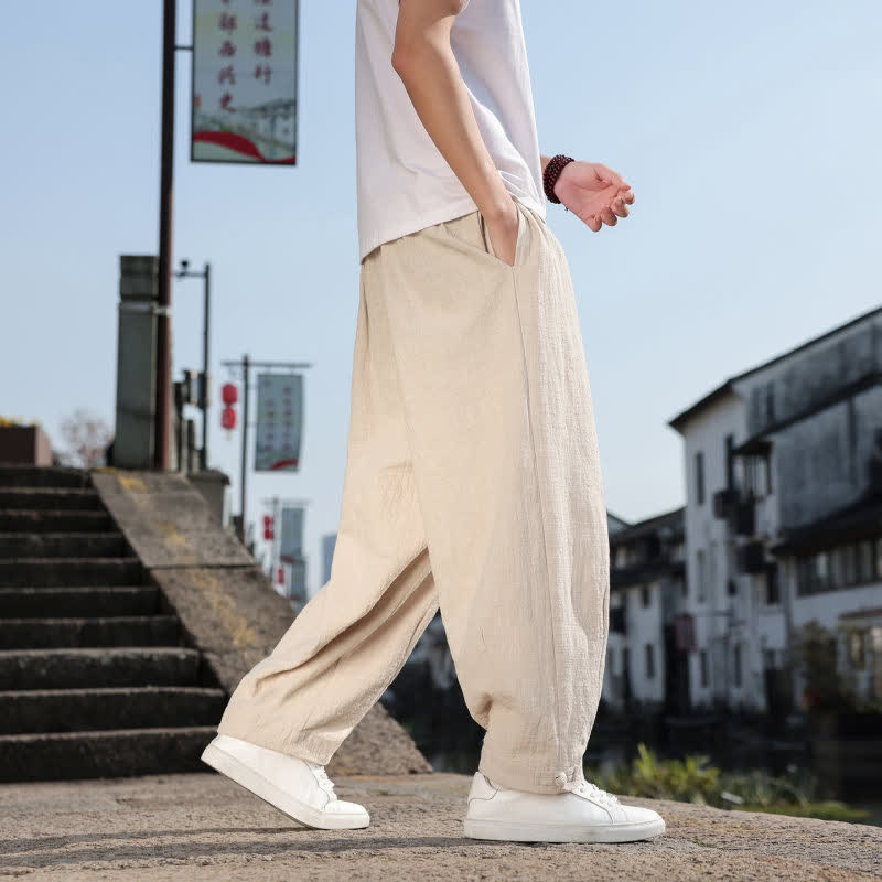 Buddha Stones Pantalon long uni style rétro décontracté printemps automne-été, coupe droite, avec poches - image 30