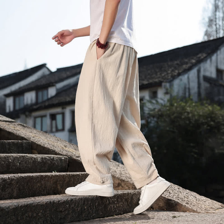 Buddha Stones Pantalon long uni style rétro décontracté printemps automne-été, coupe droite, avec poches - image 32