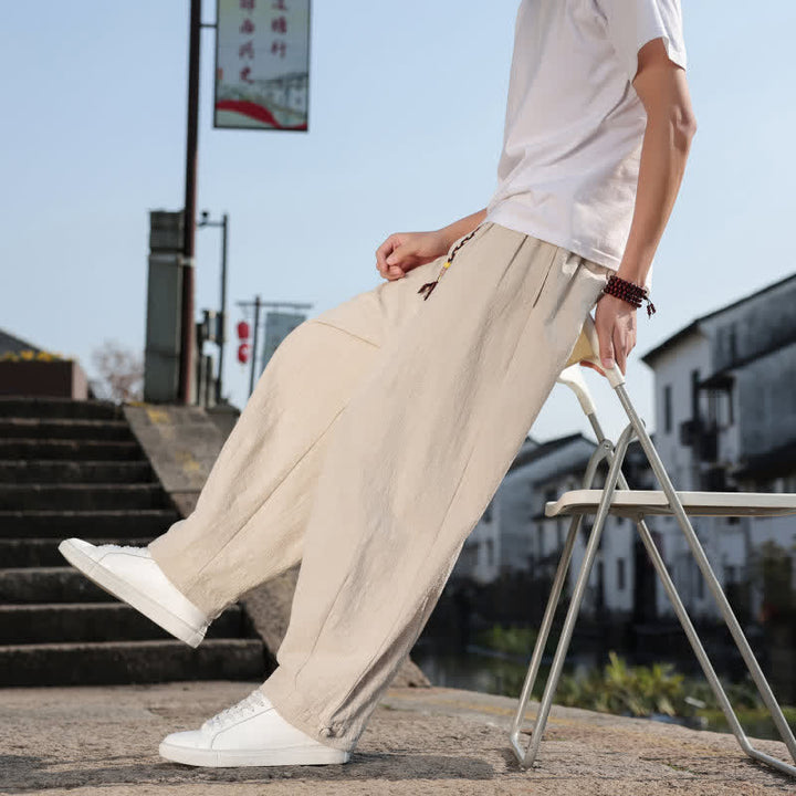 Buddha Stones Pantalon long uni style rétro décontracté printemps automne-été, coupe droite, avec poches - image 33