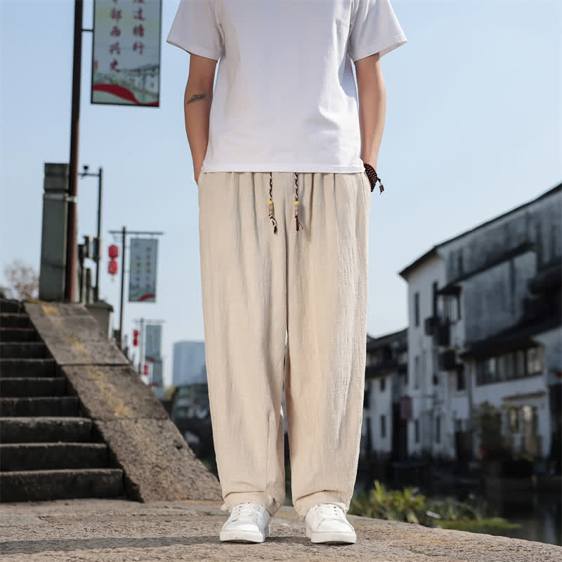 Buddha Stones Pantalon long uni style rétro décontracté printemps automne-été, coupe droite, avec poches - Beige - US/UK/AU46，EU56 (5XL) - image 27