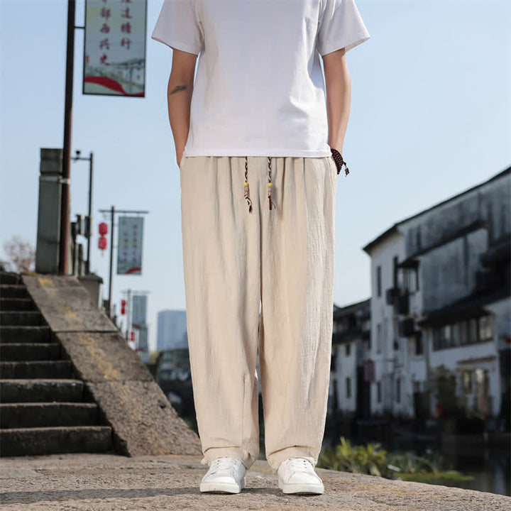 Buddha Stones Pantalon long uni style rétro décontracté printemps automne-été, coupe droite, avec poches - Beige - US/UK/AU46，EU56 (5XL) - image 27