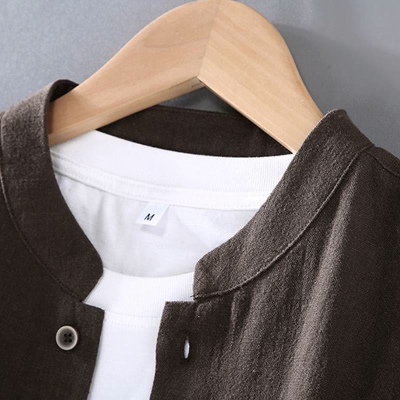 Buddha Stones Chemise à manches longues et pantalon minimalistes en ramie unie, style Tang, avec poches, idéale pour la méditation au printemps et en automne. - image 1