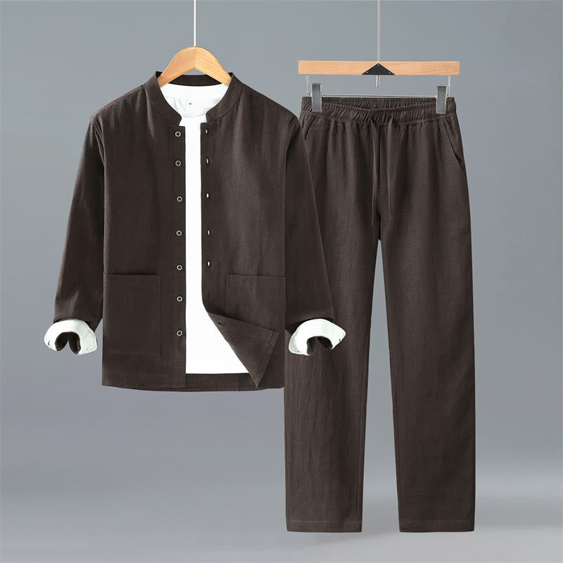 Buddha Stones Chemise à manches longues et pantalon minimalistes en ramie unie, style Tang, avec poches, idéale pour la méditation au printemps et en automne. - Chemise et pantalon marron selle - US/UK/AU42，EU52 (3XL) - image 0