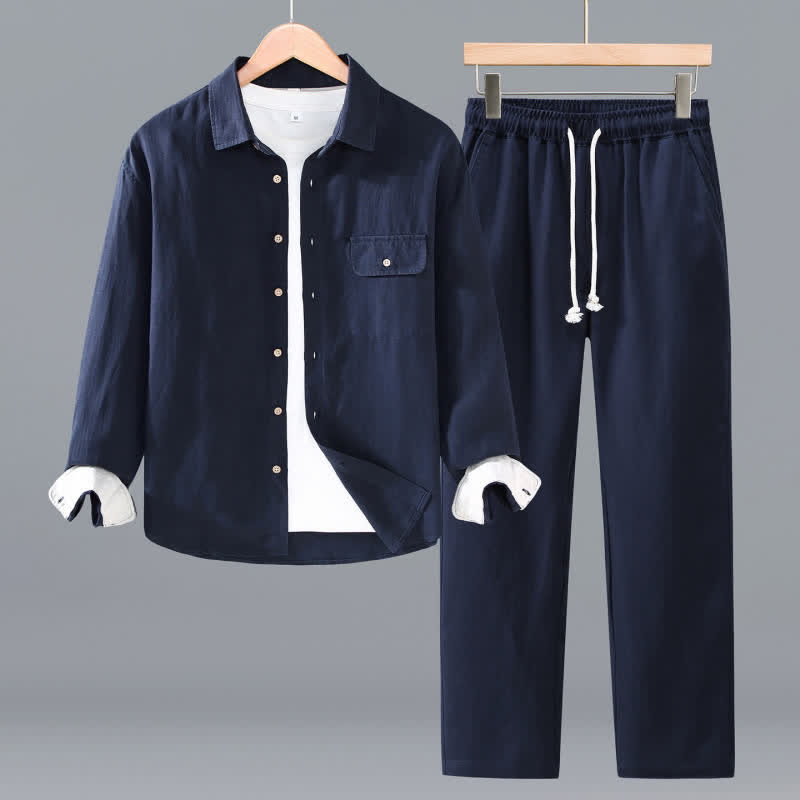 Buddha Stones Chemise à manches longues boutonnée, style minimaliste et décontracté, avec pantalon à cordon de serrage, tissu de méditation uni pour homme avec poche, idéal pour le printemps et l'automne. - Marine - US/UK/AU42，EU52 (3XL) - image 0