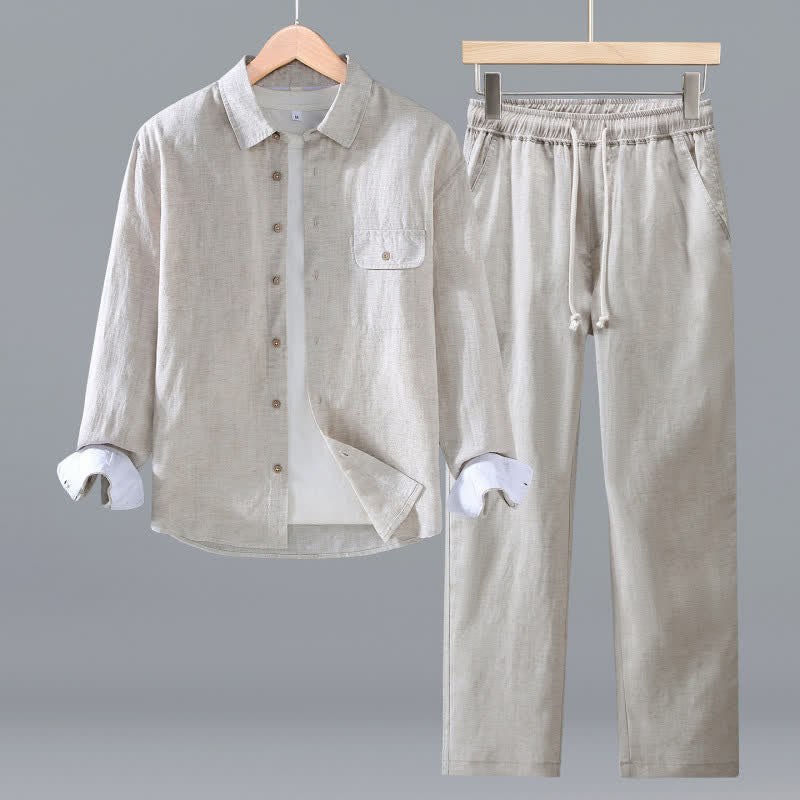 Buddha Stones Chemise à manches longues boutonnée, style minimaliste et décontracté, avec pantalon à cordon de serrage, tissu de méditation uni pour homme avec poche, idéal pour le printemps et l'automne. - Beige - US/UK/AU42，EU52 (3XL) - image 1