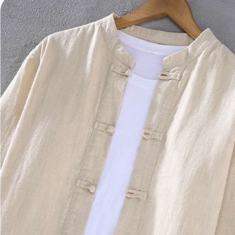 Buddha Stones Chemise et pantalon en ramie unie, style Tang, col mandarin, tenue de méditation pour homme avec poches, idéale pour le printemps et l'automne. - image 1