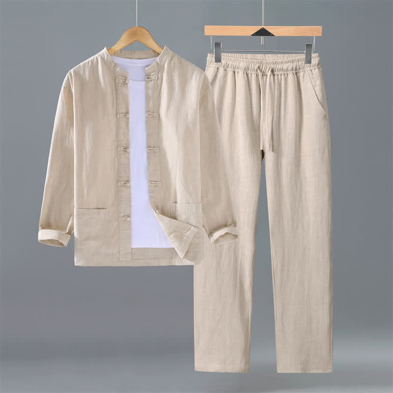 Buddha Stones Chemise et pantalon en ramie unie, style Tang, col mandarin, tenue de méditation pour homme avec poches, idéale pour le printemps et l'automne. - Beige - US/UK/AU42，EU52 (3XL) - image 0