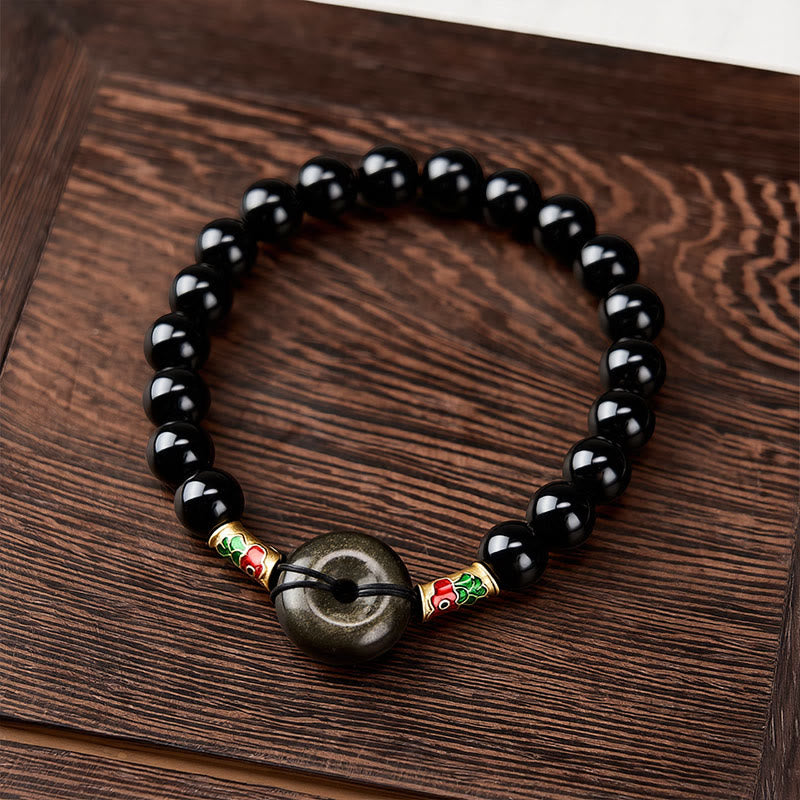 Buddha Stones Bracelet de protection en obsidienne dorée à boucle de paix et perles rondes en obsidienne noire représentant des carpes koï - image 1