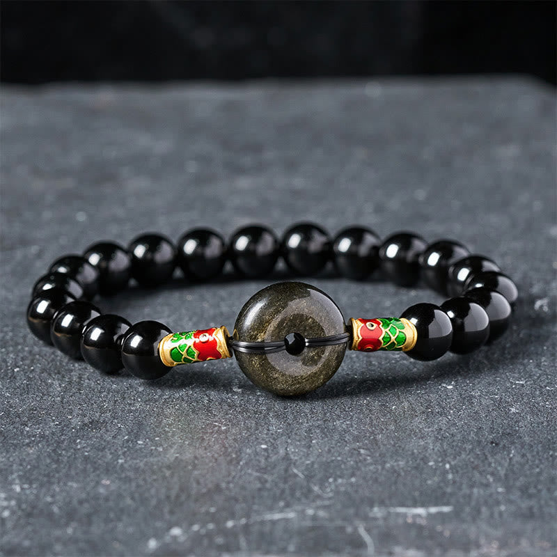 Buddha Stones Bracelet de protection en obsidienne dorée à boucle de paix et perles rondes en obsidienne noire représentant des carpes koï - Obsidienne noire et obsidienne à reflets dorés (Tour de poignet : 15–16 cm) - image 0