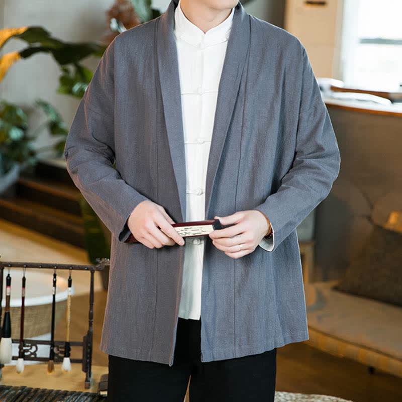 Buddha Stones Kimonos homme style Tang décontractés automne-hiver en coton uni à manches longues - image 1