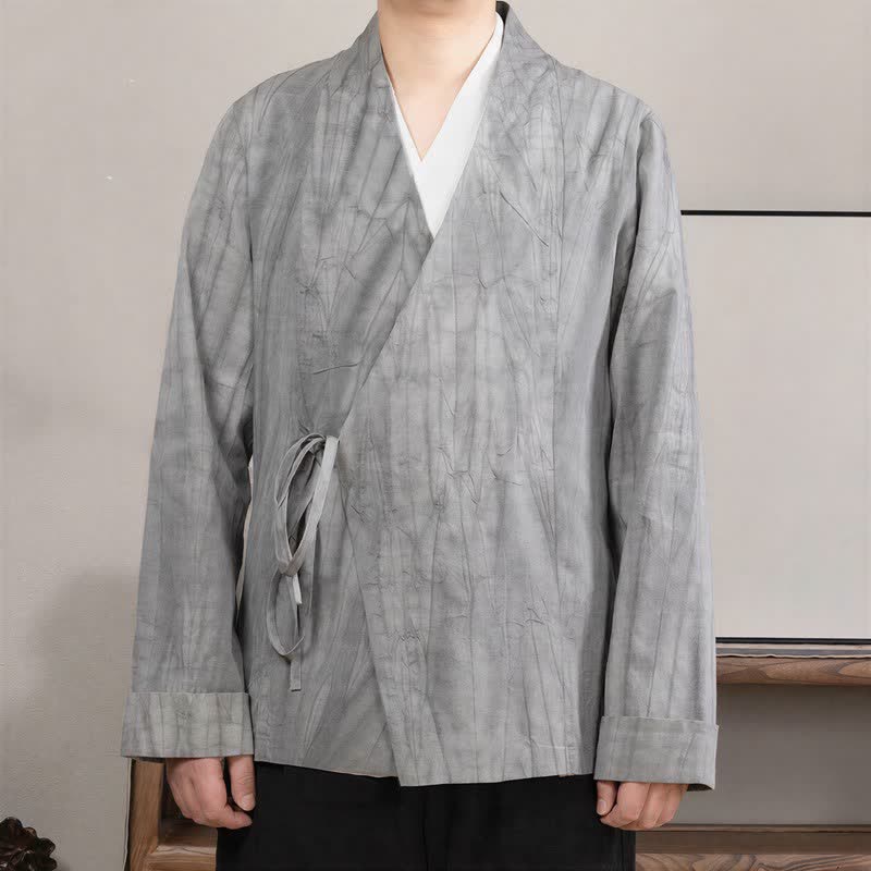 Buddha Stones Kimono homme style Tang minimaliste à cordon de serrage, manches longues, en coton uni, automne-hiver - Argent - US/UK/AU44，EU54 (4XL) - image 0