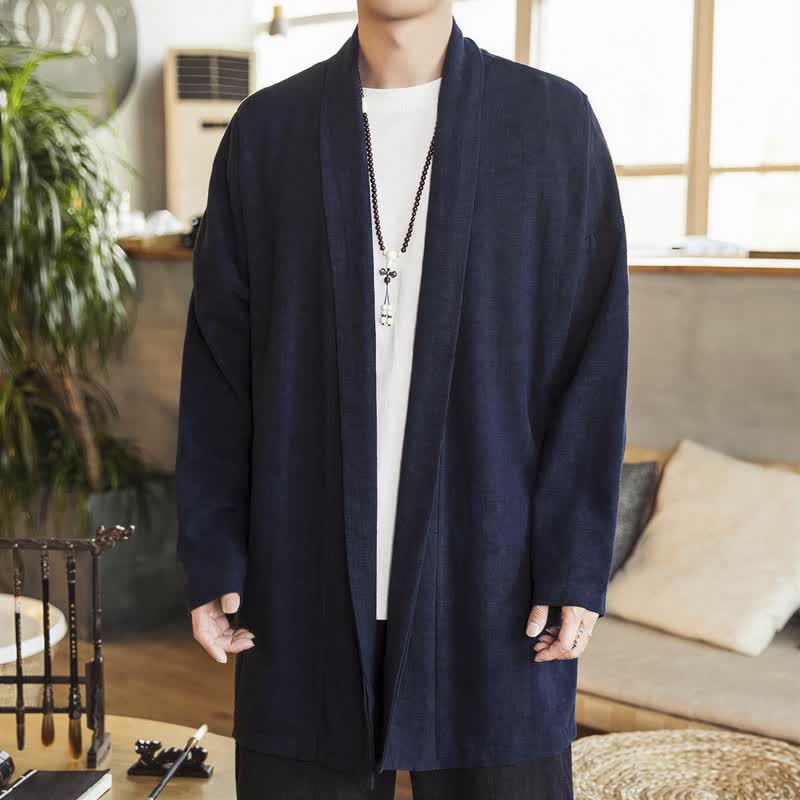 Buddha Stones Kimonos pour hommes à manches longues, en maille unie, style minimaliste décontracté automne-hiver - image 1