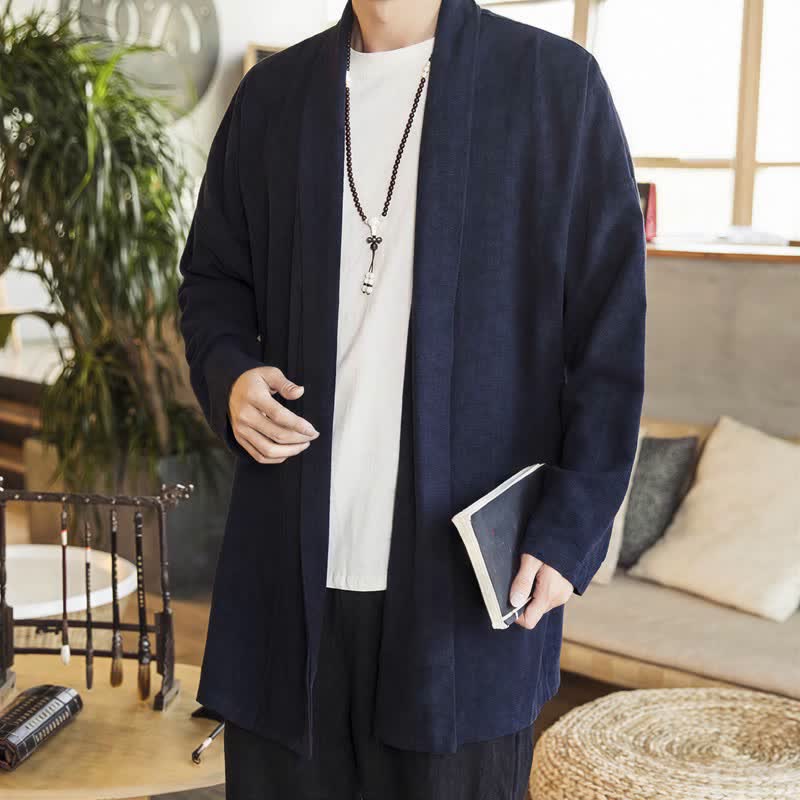 Buddha Stones Kimonos pour hommes à manches longues, en maille unie, style minimaliste décontracté automne-hiver - Bleu nuit - US/UK/AU42，EU52 (3XL) - image 0