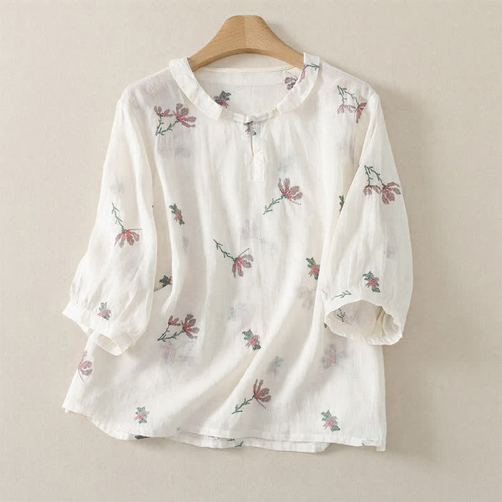 Buddha Stones Chemises à manches courtes pour femmes, style décontracté d'été, brodées de fleurs - Blanc - US12, UK/AU16, EU44 (2XL) - image 8