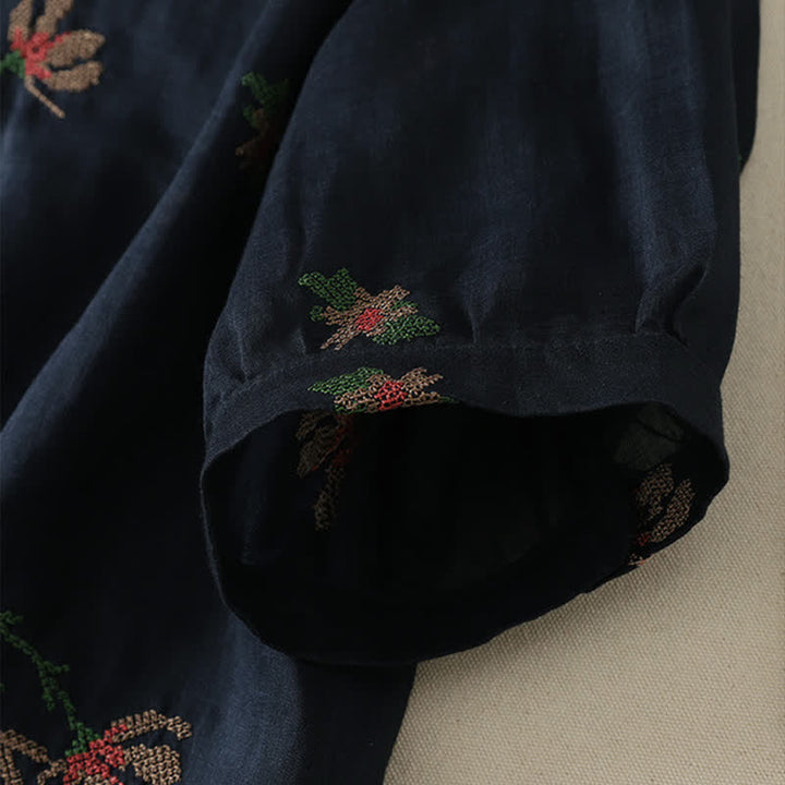 Buddha Stones Chemises à manches courtes pour femmes, style décontracté d'été, brodées de fleurs - image 6