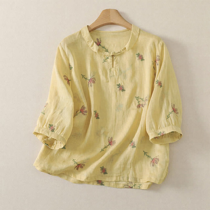 Buddha Stones Chemises à manches courtes pour femmes, style décontracté d'été, brodées de fleurs - Jaune d'or pâle - US12, UK/AU16, EU44 (2XL) - image 0