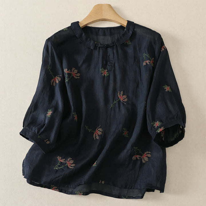 Buddha Stones Chemises à manches courtes pour femmes, style décontracté d'été, brodées de fleurs - Bleu nuit - US12, UK/AU16, EU44 (2XL) - image 4