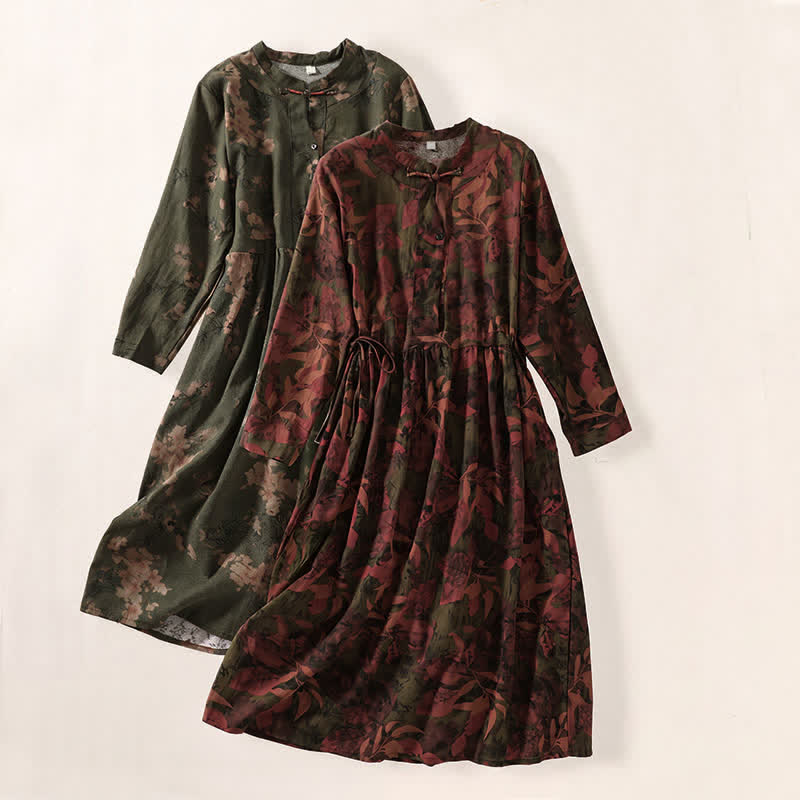 Buddha Stones Robe d'automne élégante à manches longues, boutonnée, à fleurs, style vintage, avec poches - image 18