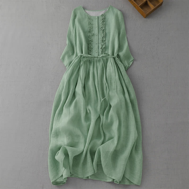 Buddha Stones Robe d'été décontractée vintage à manches courtes, boutonnée et à cordon de serrage, avec poche. - Vert foncé - US14, UK/AU18, EU46 (2XL) - image 0