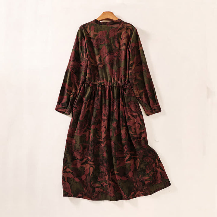 Buddha Stones Robe d'automne élégante à manches longues, boutonnée, à fleurs, style vintage, avec poches - image 8