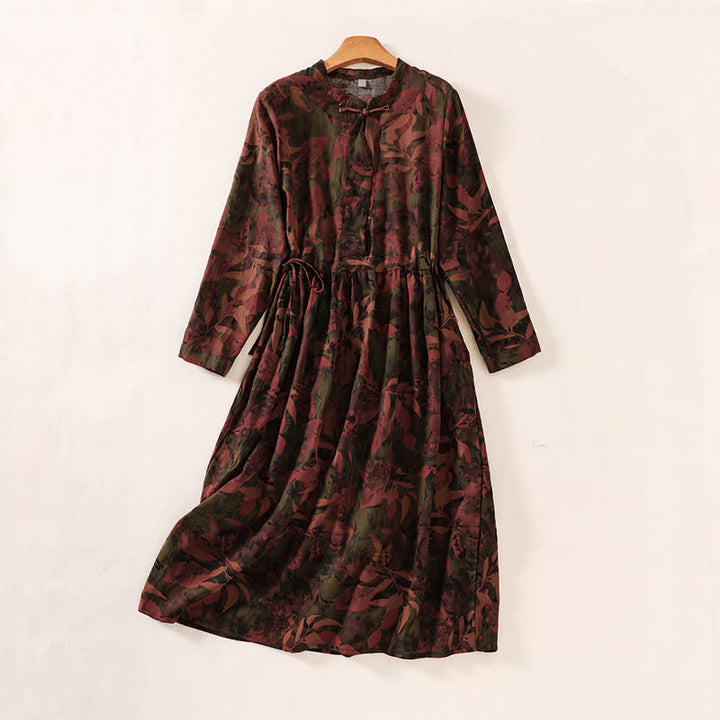 Buddha Stones Robe d'automne élégante à manches longues, boutonnée, à fleurs, style vintage, avec poches - SaddleBrown - US12, UK/AU16, EU44 (2XL) - image 7
