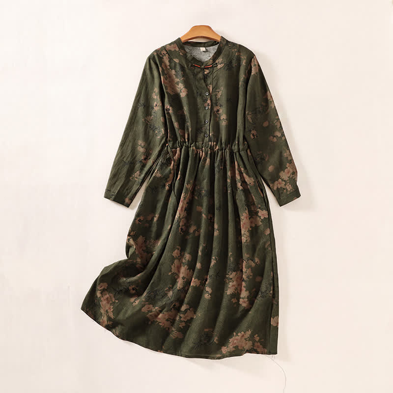 Buddha Stones Robe d'automne élégante à manches longues, boutonnée, à fleurs, style vintage, avec poches - Vert olive foncé - US12, UK/AU16, EU44 (2XL) - image 0