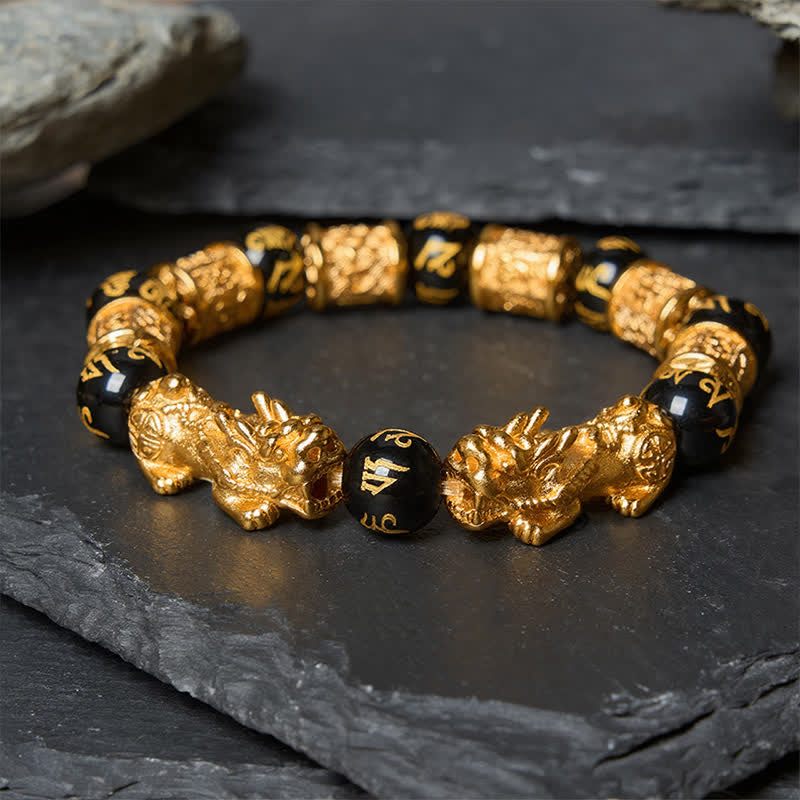 Buddha Stones Bracelet de perles rondes Pi Xiu Om Mani Padme Hum en or noir, symbole de richesse - Bracelet Pi Xiu (Tour de poignet : 17–18 cm) - image 0