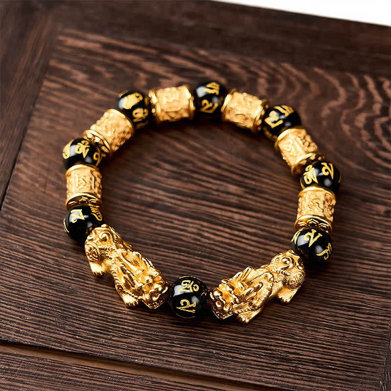 Buddha Stones Bracelet de perles rondes Pi Xiu Om Mani Padme Hum en or noir, symbole de richesse - image 1