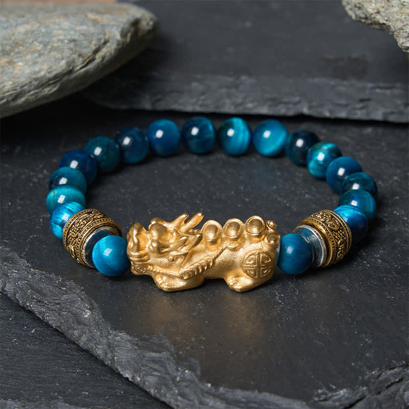 Buddha Stones Bracelet Pi Xiu en perles œil de tigre bleu, symbole de richesse et de courage - Œil de tigre bleu (Tour de poignet : 15–16 cm) - image 0