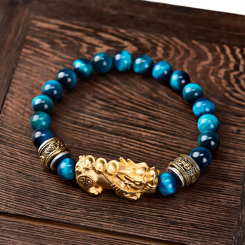 Buddha Stones Bracelet Pi Xiu en perles œil de tigre bleu, symbole de richesse et de courage - image 1