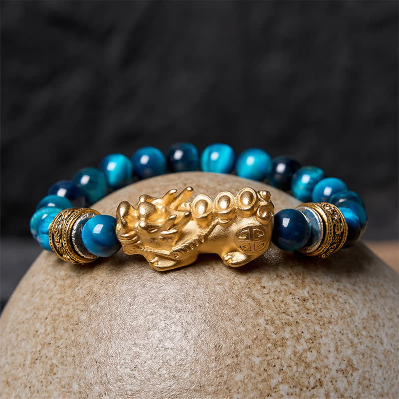 Buddha Stones Bracelet Pi Xiu en perles œil de tigre bleu, symbole de richesse et de courage - image 2
