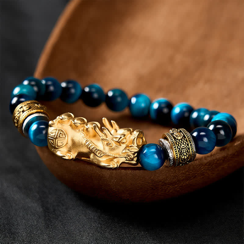 Buddha Stones Bracelet Pi Xiu en perles œil de tigre bleu, symbole de richesse et de courage - image 3