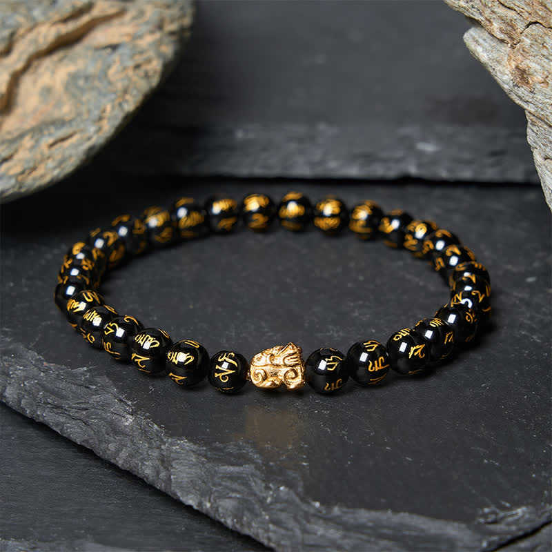 Buddha Stones Bracelet de force en alliage Pi Xiu avec perle Om Mani Padme Hum en onyx noir et perles Om Mani Padme Hum - Onyx noir (Tour de poignet : 14–15 cm) - image 0