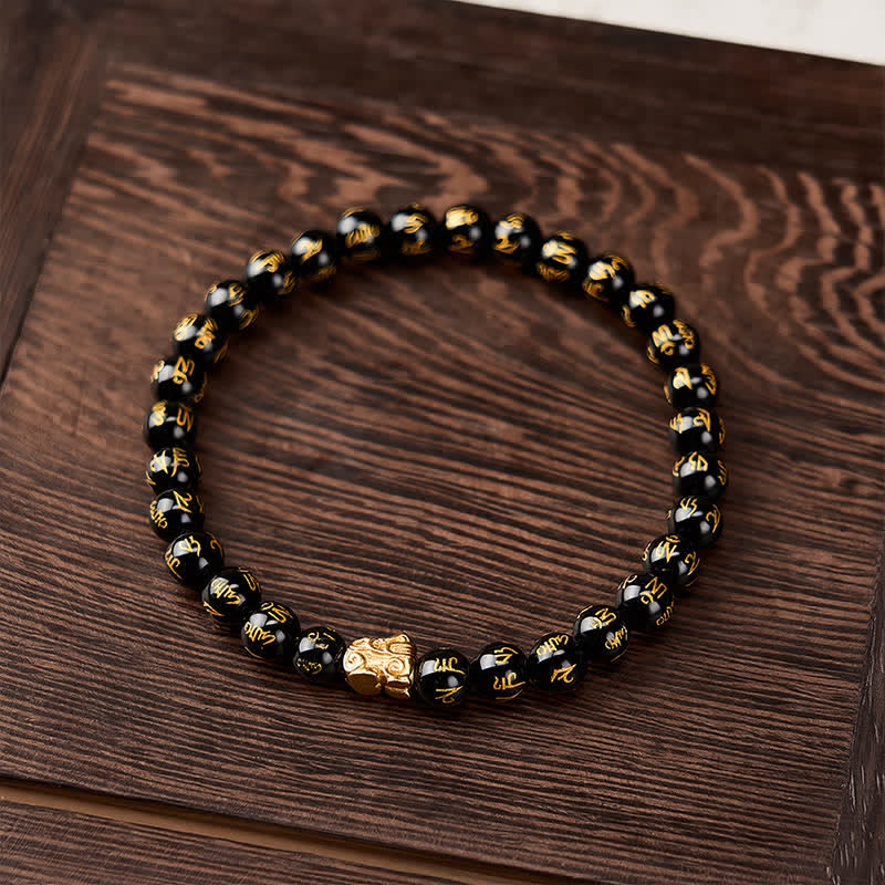 Buddha Stones Bracelet de force en alliage Pi Xiu avec perle Om Mani Padme Hum en onyx noir et perles Om Mani Padme Hum - image 1
