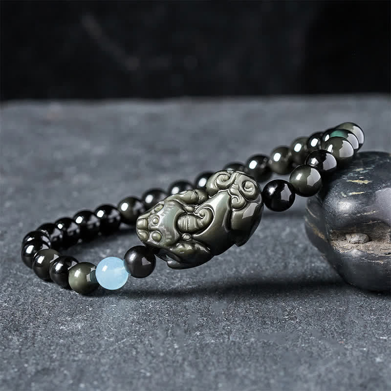Buddha Stones Bracelet Pi Xiu en obsidienne arc-en-ciel pour la richesse et la transformation positive - Pi Xiu 6 mm (Tour de poignet : 14–15 cm) - image 0
