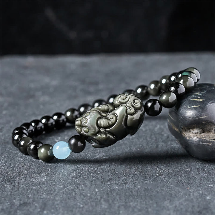 Buddha Stones Bracelet Pi Xiu en obsidienne arc-en-ciel pour la richesse et la transformation positive - Pi Xiu 6 mm (Tour de poignet : 14–15 cm) - image 0