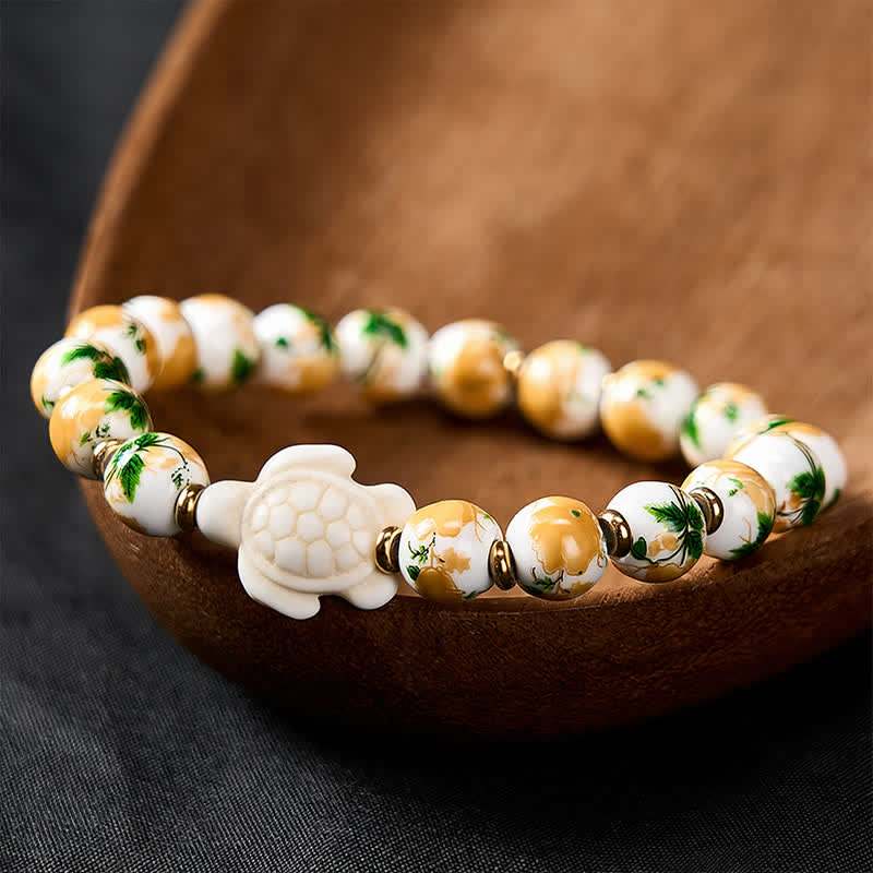 Buddha Stones Bracelet de richesse en turquoise blanche naturelle, motif tortue - Porcelaine blanche (Tour de poignet : 16–17 cm) - image 0