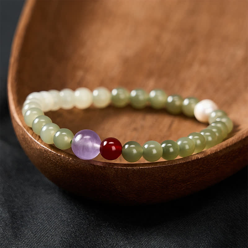 Buddha Stones Bracelet porte-bonheur en jade Hetian naturel à perles rondes dégradées - Jade Hetian (Tour de poignet : 14–15 cm) - image 0